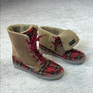 Sperry Topsiders red plaid fold over hi top sneaker hiking boot, size 7.5
